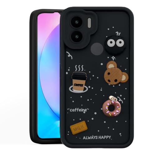 Image of Bintage Cute Fun Ball | Taddy Cartoon 3D Smiley Coffee Cup | Milk Donut | Full Protection Rubber Back Cover Compatible for Redmi A1 Plus - Black
