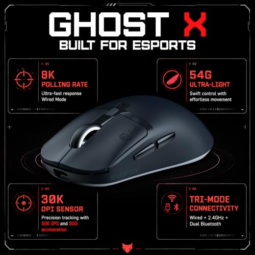 Image of EvoFox Ghost X Ultra Light Wireless Gaming Mouse, 54g, Tri-Mode (2.4GHz, Bluetooth & Wired), 8000Hz Polling Rate, 30,000 DPI Sensor, 6 Programmable Buttons, Huano Switches