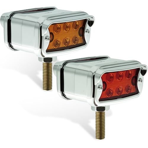 2PCS 12 LED Dual Revolution Amber/Red Turn Signal & Marker Lights with Horizontal Visor, Double Face Chrome Pedestal Bumper Lights for Peterbilt, Ke-nw-or-th, Freightliner Trucks
