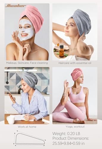 Image of Hicober Microfiber Hair Towel, 2Packs Hair Turbans for Wet Hair, Drying Hair Wrap Towels for Curly Hair Women Anti Frizz(Pink,Grey)