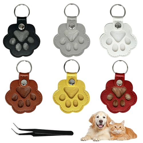 Feegela 6 Stück Tierhaar Anhänger aus Leder, Schlüsselanhänger für Hundehaare & Katzenhaare mit Clip - Haustier Haar Sammler, Pfotenabdruck Design mit Transparentem Fach für Erinnerungen (6 Farben)