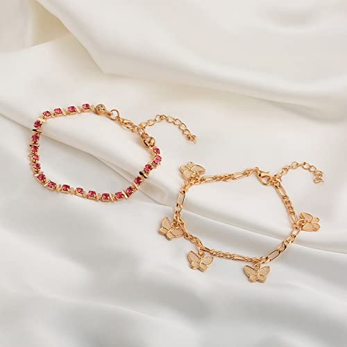 2 Pcs Gold Anklet Bracelets Set For Women Dainty Zircon Tennis Anklets Stackable Butterfly Pendant Charm Ankle Chain Boho Beach Jewelry For Teen Girls Mom Birthday Mothers Day (Gold, One Size) #TOP6