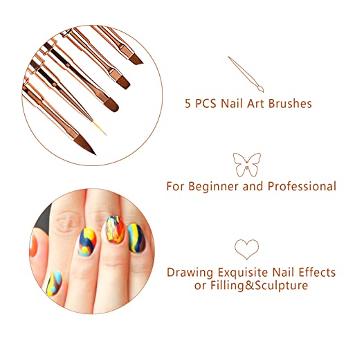 5 Stücke Nagel Pinsel mit Deckel für Gelnägel Nail Art Nailart Set, LEA-SHALL Dünn/Flach/Rund/Abgewinkelt/Acryl Nagellack Fein Pinselset UV Nägel Gel Detail Nageldesign Stift für Profi Anfänger