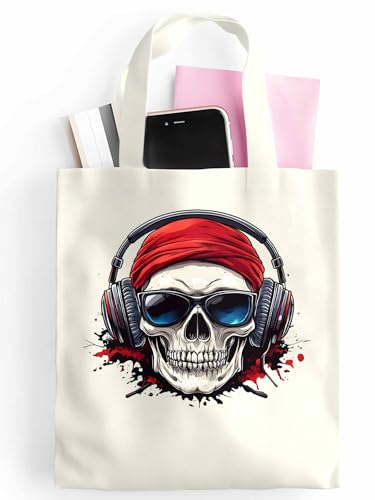 Canvas Tote Bag Funny Skull With Headphones Reusable Grocery Shopping Bag,Shoulder Tote Bags for Women Travel Work Gym2