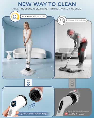 Electric Spin Scrubber, Rechargeable with Upgraded Battery & Extended Runtime, IPX7 Cleaning Brush, 3000mAh Battery 7 Brush Heads 2-Speed Adjustable Long Handle for Bathroom & Tile Floor Cleaning - Thumbnail 5