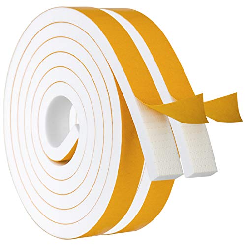 White Door Window Weather Stripping Self Adhesive Foam Tape High Density Foam Sealing Strip Window Insulation Weatherproof Gasket Tape, 3/4" Wide X 3/8" Thick, 6.5 Ft X 2 Rolls, Total 13 Feet #TOP13