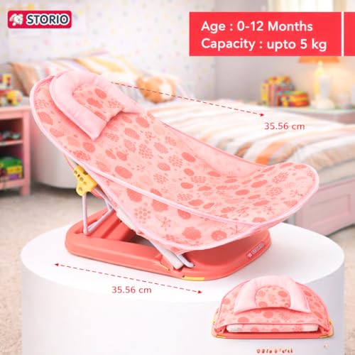 Image of Storio Newborn Baby Bather | Foldable 3-Position Adjustable Bath Chair for Infants 0-12 Months | Anti-Skid Base | Soft Washable Mesh Seat | Comfortable & Safe Bath Support for Babies up to 5Kg - Blue