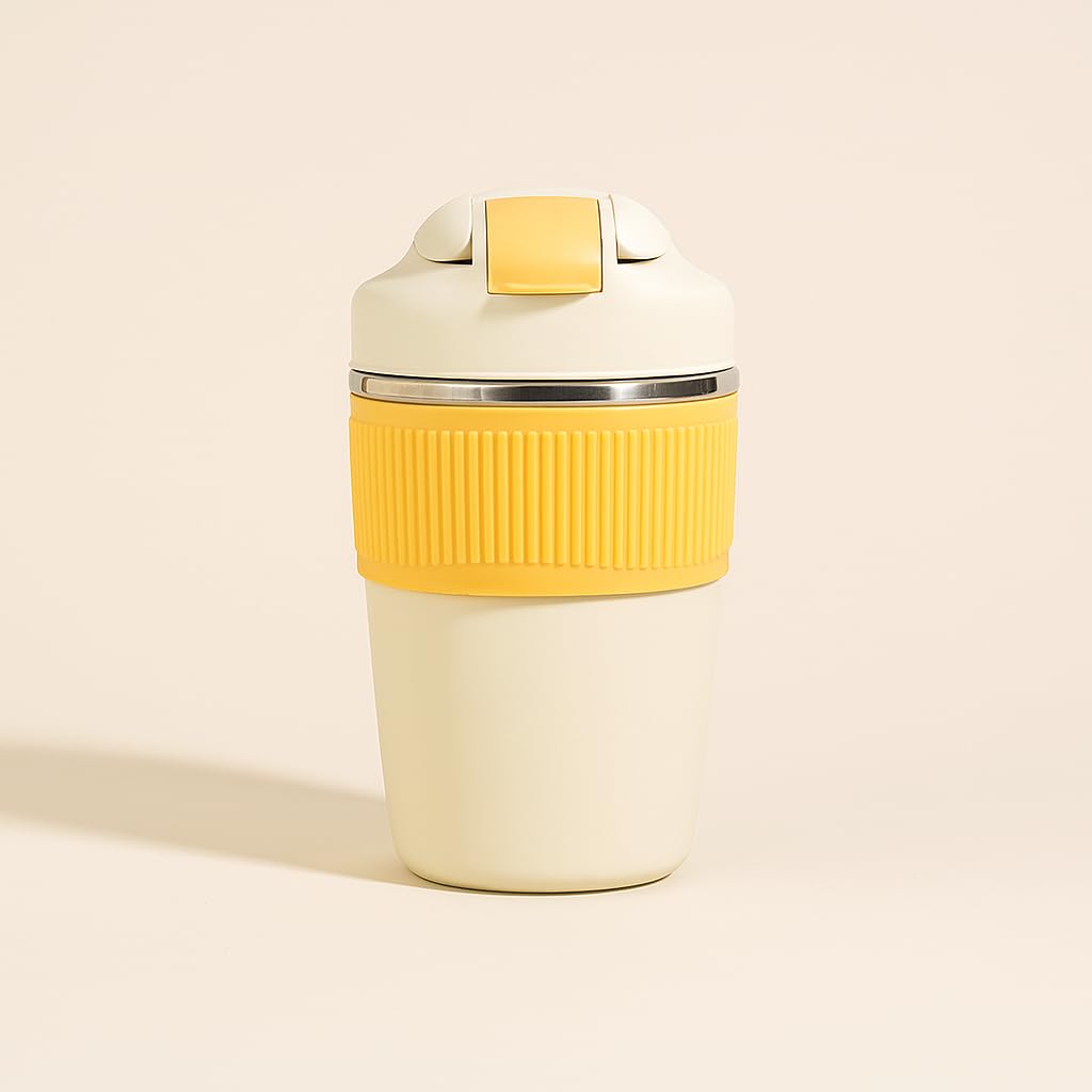YELONA Macaroon 350 ML Double Wall Insulated Travel Coffee Tumbler Mug Sipper with 2in1 Flip Up Inbuilt Straw and Sip Lid, Leak Proof (Turmeric)