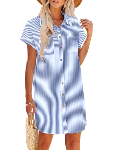 Zeagoo Ladies Dresses Blue+White Stripe Print Loose Tunic Dress Cotton Linen Shirt Short Sleeve Button Dress V-Neck Shift Sundress Church Dress.XL