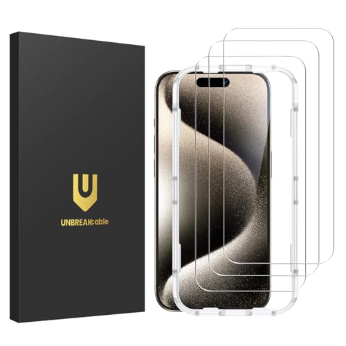 UNBREAKcable Screen Protector for iPhone 15 Pro [3 Pack] - 9H Hardness Tempered Glass Screen Protector with Installation Frame for iPhone 15 Pro-6.1 Inch [Anti-scratch,Bubble-free]