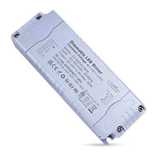 REYLAX Transformateur 220V 24V LED Dimmable, Alimentation 24V DC 2.5A 60W, Transformateur Basse Tension, LED Driver de Tension Constante, Transfo LED pour Bandes Leds, Lampes LED Cover