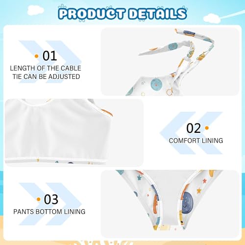 JUNZAN Cartoon Planets Alphabet White Girls Bathing Suit High Waisted 2 Piece Swimwear Little Girls Beach Surf Suits 3T3