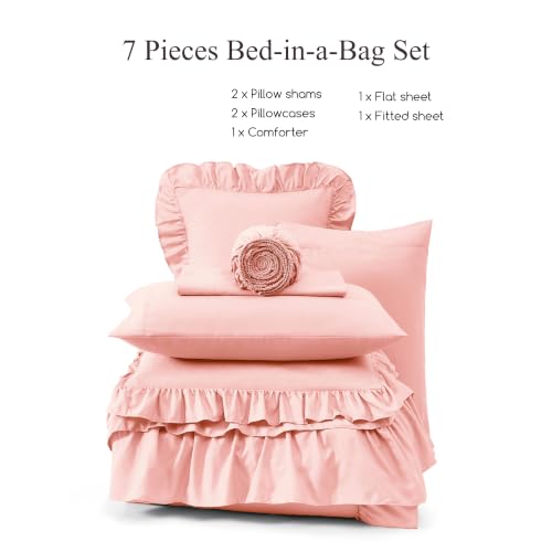 Image of King Size Comforter Set Rosewater Ruffle 7 Pieces Farmhouse Bed in a Bag | Shabby Chic Fluffy All Season Bedding Sets with Sheets, Pillowcases & Shams