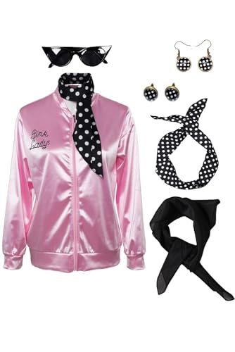 Chaqueta rosa Pink Ladies de satén con pañuelo de lunares para recrear la nostalgia de los 50