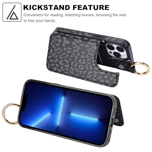 Image of HAOPINSH for iPhone 13 Pro Wallet Case with Card Holder, Black Leopard Cheetah Print Back Flip Folio PU Leather Kickstand Card Slots Case, Finger Grip Ring Double Magnetic Cover 6.1 inch