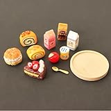KARLOR Set da dessert in miniatura, 11 pezzi, dessert con vassoio in legno, torte, latte, marmellata, mela, cioccolato, ciambella, cucchiaio 1:12, mini bevande, mini cucina, sala da pranzo, scena