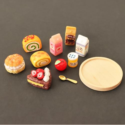 KARLOR Juego de postres en miniatura, 11 piezas, postre con bandeja de madera, tarta, leche, mermelada, manzana, chocolate, torta, rosquilla, cuchara 1:12, mini alimentos, bebidas, mini cocina