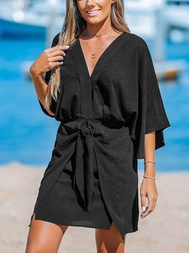 Image of CUPSHE Womens Vacation Mini Summer Dress V Neck Kimono Sleeve Belted Flowy Loose Resort Wear Casual Beach Cover Up Dress