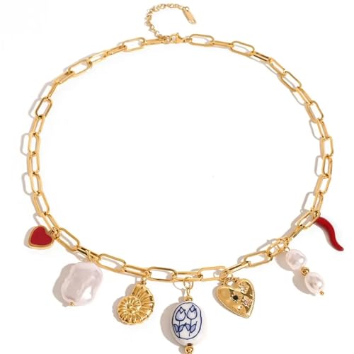 Collier acier inoxydable cœur et perle de porcelaine durable