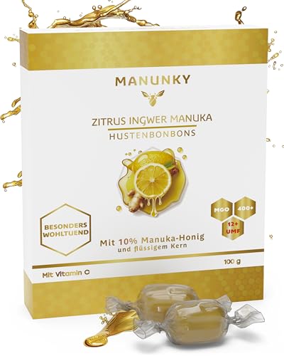 Manunky Hustenbonbons mit 10% Manukahonig MG400+ aus Neuseeland (100g) - Wohltuende Manuka Honig Bonbons mit Vitamin C Zitrone & Ingwer Geschmack