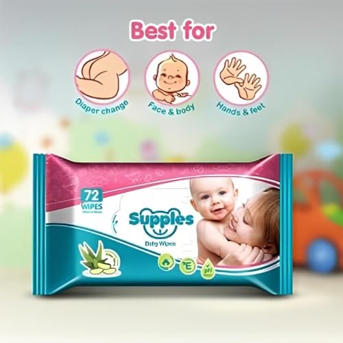 Image of Amazon Brand - Supples Baby Wet Wipes with Lid | 72 Wipes| Enriched With Aloe Vera and Vitamin E | Alcohol-Free and Paraben-Free | Pure Water-Based formulation