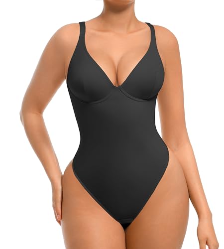 FeelinGirl Bodysuits for Women Tummy Control Thong Shapewear Body Suit Sexy Deep V Neck Corset Tops for Women