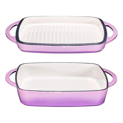 Comparison: Best Purple Cast Iron Cookware Set 4 Bruntmor 2-in-1 Square Enamel Cast Iron Dutch Oven Baking Pan with Handles, Purple Baking Pans Set with Cast Iron Skillet, Braising Pan for Casserole Dish with lid, Oven Safe