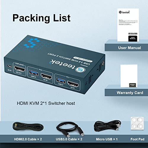 Steetek HDMI KVM Switch USB 3.0, 2 in 1 Out 4K@60Hz Kvm Switch, for 2 Computers Share 1 Monitor 1 Set Keyboard Mouse USB 3.0 Kvm Switch, Button Switching, with 2 USB and 2 HDMI Cables - Thumbnail 7