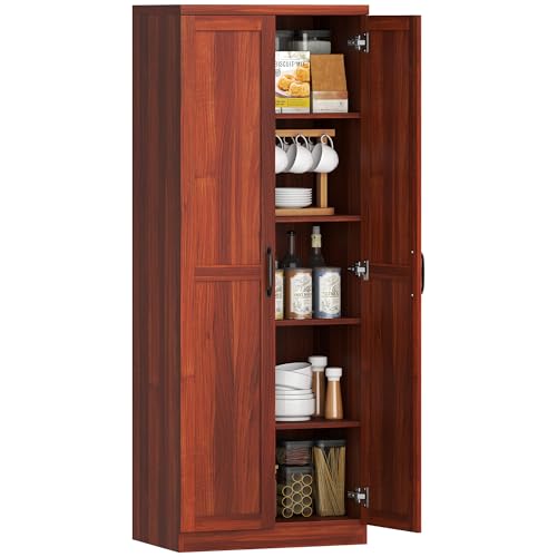 Image of HOMCOM 63" 2-Door Kitchen Pantry, Freestanding Storage Cabinet with 5-Tier Shelving and 2 Adjustable Shelves for Dining Room, Tan
