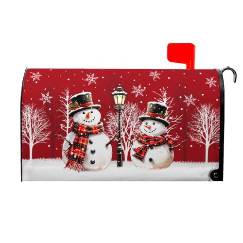 Ancordivo Christmas Snowman Mailbox Covers Magnetic Standard Size 21 x 18 Inch Red Xmas Snow Scene Pattern Mailbox Wraps Post Letter Box Cover for Garden Yard Decor