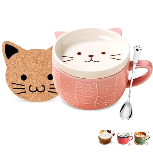 Regalos para mujeres,tazas de café Kawaii de gato rosa con tapas,regalos de...