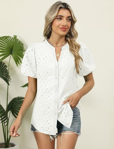 Rapbin Blouses for Women Dressy Casual V Neck Short Sleeve Eyelet Summer Tops Button Down Lace Embroidered Shirts2