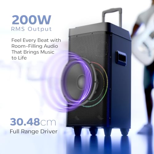 Image of ZEBRONICS Party Fyre 900 200W DJ Trolley Speaker, Up to 10hrs Playback, 30.48cm Full Range Driver, BT v5.3, USB, mSD, AUX, TWS, RGB Lights, LED Display, Dual UHF Mics, Built-in Battery