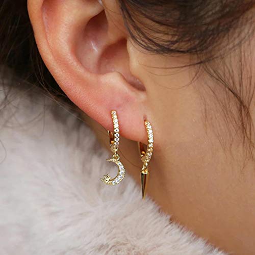 S925 Sterling Silver Post Huggie Hoop Earrings, 14K Gold Plated Small Dangle Hoop Earrings Hypoallergenic Dainty Cubic Zirconia Ball Spike Evil Eye Snake Bee Moon Star Huggie Hoop Earrings3