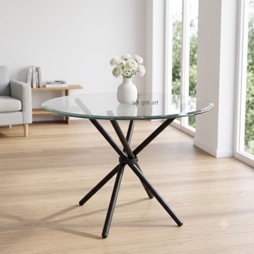Image of Folding Dining Table for Office, Home, Cafe - 36-inch Round 12 MM Thick Toughened Glass Top with Stainless Steel Frame (Black Powder Coated)