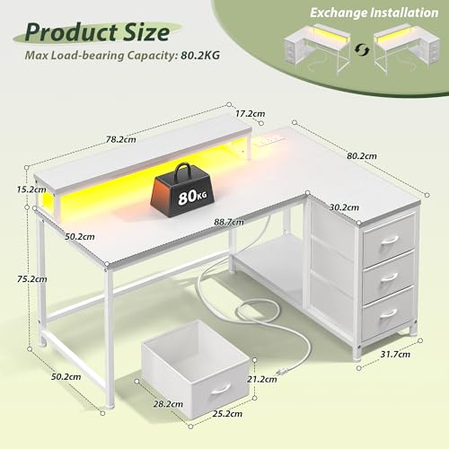Cliporix L Shaped Computer Desk, 120x80CM Sturdy White Gaming Desk with Integrated RGB Lights&Power Outlets, Reversible Modern Corner Desk with Fabric Drawers for Study Home Office, Easy to Assemble