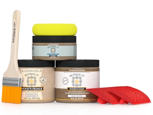 Retique It Wood Finish Multi-Purpose Kit – GO Beyond Faux Wood with Paintable Liquid Wood Based Primer and Gel Stain - Graining Tools Included (2X 16oz, Barn Wood)