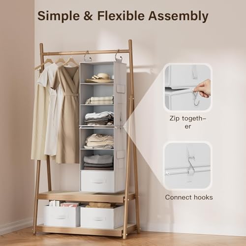 Pipishell 6-Shelf Hanging Closet Organizer with 2 Separable 3-Tier Shelves, 3 Drawers & Side Pockets Closet Organizers and Storage for Wardrobe Organization and Nursery Clothes Organizer, White - Image 5