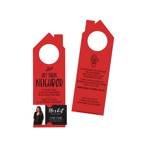 Hey Neighbor | Real Estate Marketing Double Sided Door Hangers | Real Estate Agent | 45-DH002-SCARLET - Pack of 10
