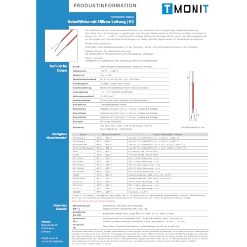 Tmonit - Capteur de température PT1000 | 1 mètre de câble en silicone | jusqu'à + 200 °C | Fabriqué en Allemagne | Capteur de température Capteur de température Capteur de câble Sonde solaire – vue 5