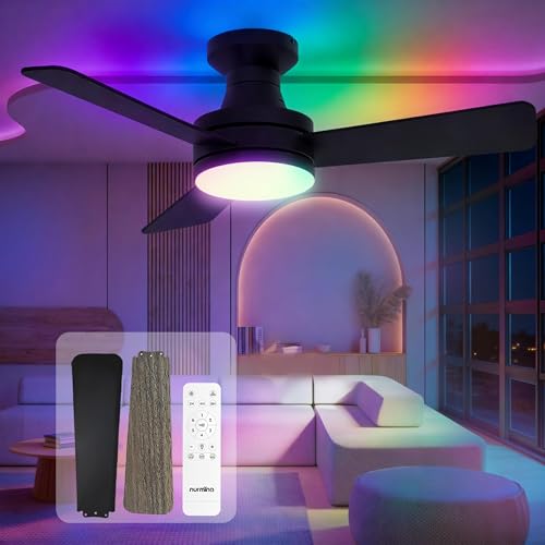 NURMINA NURMINA 42 Inch Ceiling Fan with Lights RGB Flush Mount Low Profile Ceiling Fan with Lights 6CCT Dimmable Reversible Quiet DC Motor Remote Control for Bedroom Kids Room Living Room Black