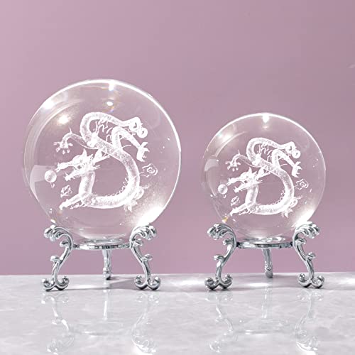 Longwin 3D Laser Dragon Crystal Ball Paperweight - 2.3 Inch 3D Engraved Glass Decorative Ball With Silver Metal Stand, Feng Shui Home Decor Gift Idea #TOP6
