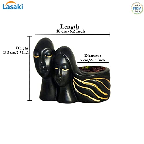 Image of Lasaki Couple Black Gold Ceramic Flower Pot for Indoor & Outdoor Plants | Decorative Balcony, Garden, Home & Office Succulent Pot | Designer Gamla Plant Holder (16cm X 10cm X 14.5cm)