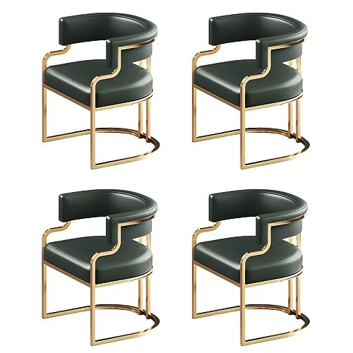 Juego de sillón de respaldo bajo con tapicería de piel sintética y patas de latón para cocina y comedor, color verde (4 piezas)