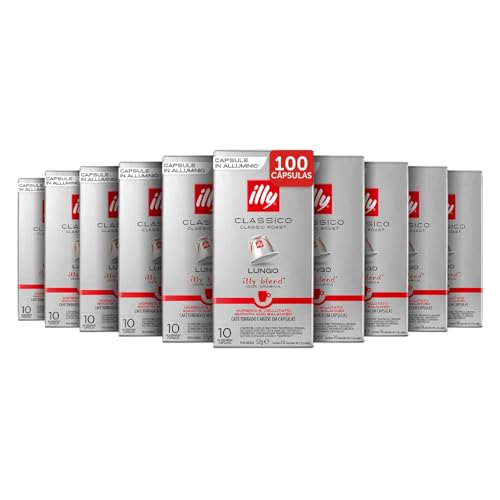 illy, Café en Cápsulas Compatibles en Aluminio CLASSICO Lungo, 100% Arábica con Notas de Azahar y Jazmín, Sabor Suave y Sabor Final Dulce, 10 Paquetes de 10 (100 Cápsulas en Total)