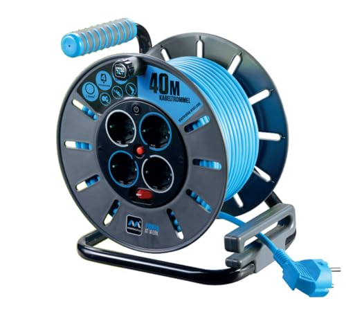 MASTERPLUG Masterplug ProXT Kabeltrommel 4-fach 40m | Leicht und stabil | gut sichtbares Kabel | mit LED Betriebsanzeige und Thermoschutz (blau)