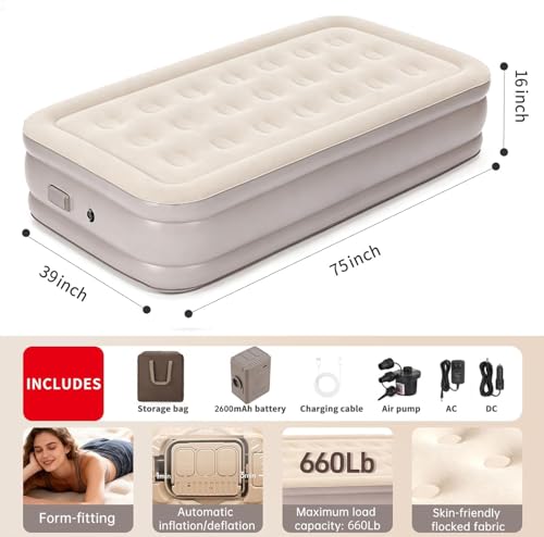 Image of Twin Air Mattress Built in Pump,Newly Cordless Removable Lithium Battery Pump,Self Inflatable,Camping Mattress,Portable Blow Up Mattress for Camping,Guests and Home