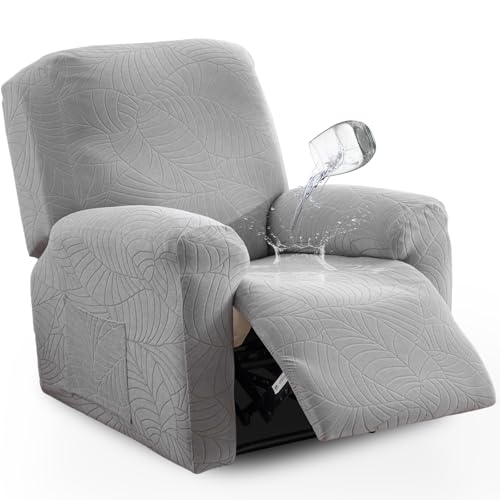 vctops Water Repellent 4 Pieces Recliner Chair Cover with Side Pocket Leaf Jacquard Stretch Soft Recliner Slipcover Furniture Protector with Elastic Bottom(Light Grey,1 Seat)