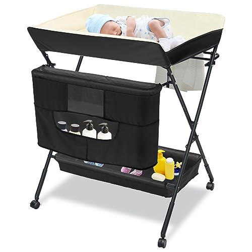 Image of Edostory Baby Folding Diaper Changing Station with Wheels, Portable Adjustable Height Diaper Table with Safety Belt, Newborn and Infant Foldable, Black