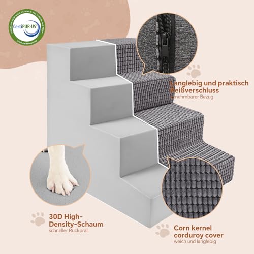 Sytopia Hundetreppe Große Hunde 4 Stufen Hoch, Hundetreppe für Bett Sofa 50cm, Haustiertreppe waschbar, hochdichter Schaumstoff, für verletzte ältere Hunde (46cm Höhe, Grau)